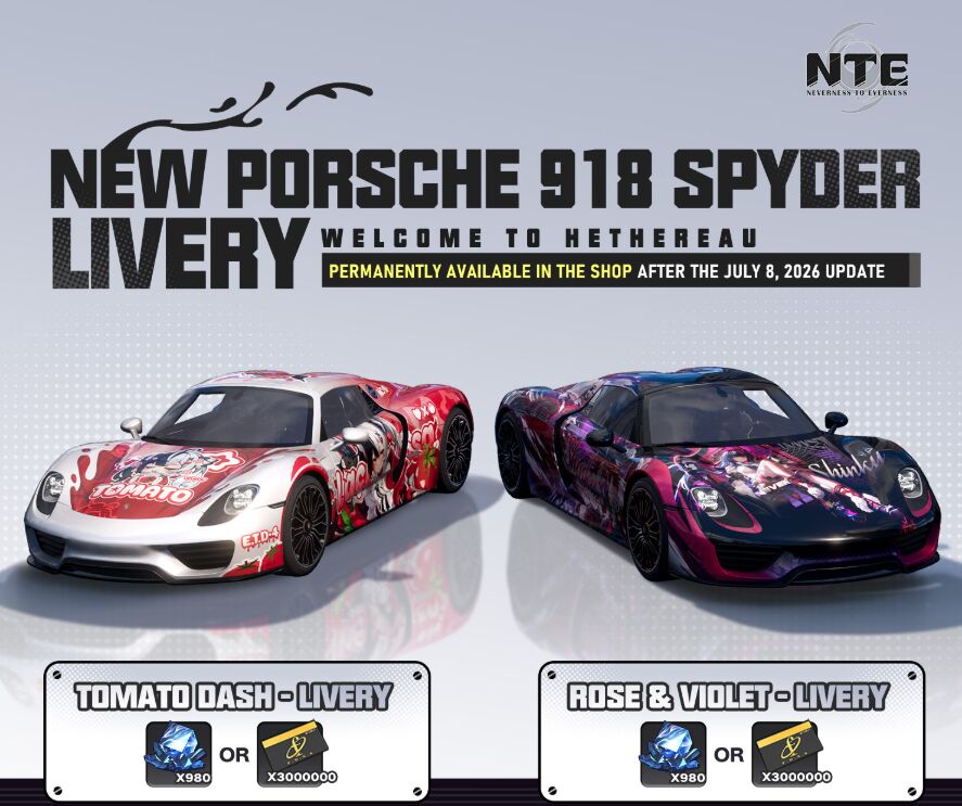 NTE Porsche 918 Spyder Tomato Blood and Purple Ruby skin comparison