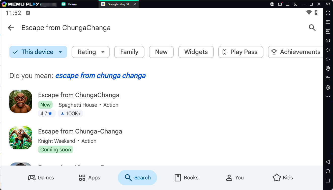 Open Google Play Store inside the emulator and search: Escape from ChungaChanga